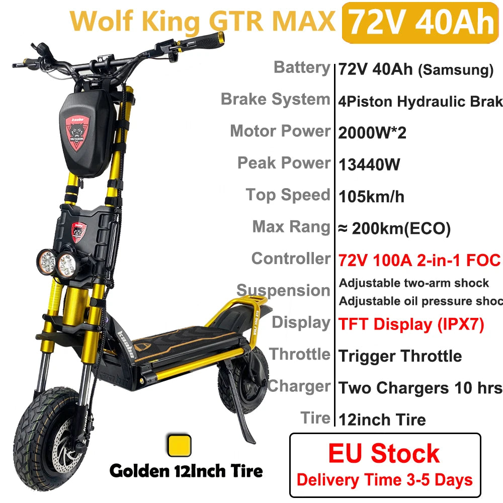 Kaabo Wolf King GTR Max 72V 40Ah 2*2000W Dual Motor Top Speed 105km/h TFT Display IPX7 4Piston Hydraulic Brake Electric Scooter