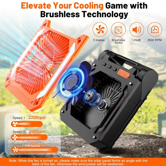 Portable Solar Camping Fan with Light,3Speeds Rechargeable 10000mAh Battery Powered&Timer&Hook&PowerBank for Hiking Picnic RV