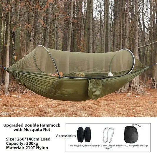 Outdoor hammock with quick‑installation, automatic‑deployment, and mosquito‑proof support poles; portable, durable camping and c