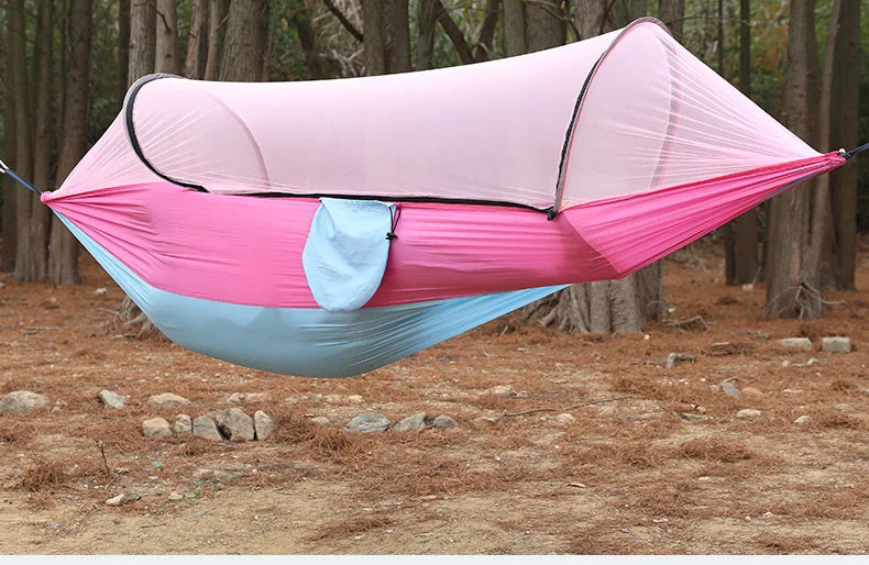 Outdoor hammock with quick‑installation, automatic‑deployment, and mosquito‑proof support poles; portable, durable camping and c