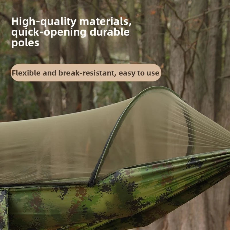 Outdoor hammock with quick‑installation, automatic‑deployment, and mosquito‑proof support poles; portable, durable camping and c