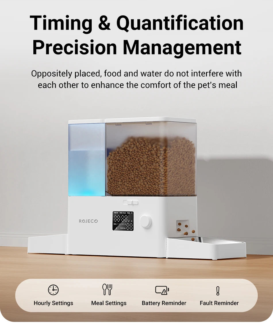 ROJECO 8.5L 2In1 Automatic Pet Feeder Gravity Water Fountain Button Version Auto 5L Cat Kibble Dispenser with 3.5L Water Refill