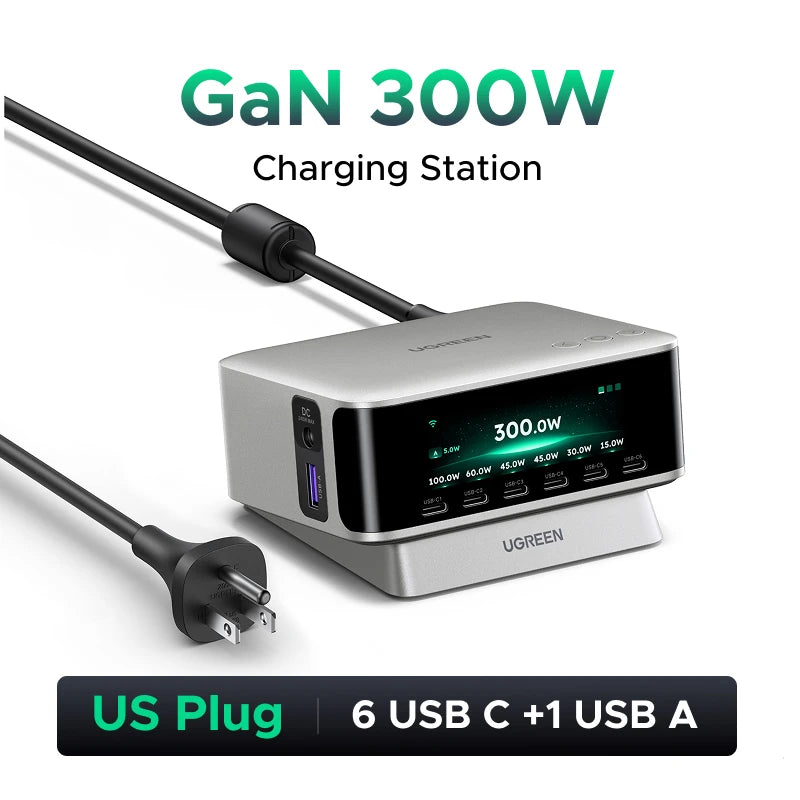 UGREEN 300W GaN Charger With Smart Display AVS PD 3.1 7 IN 1 Desktop Charging Station For MacBook Pro Laptop iPhone Samsung iPad