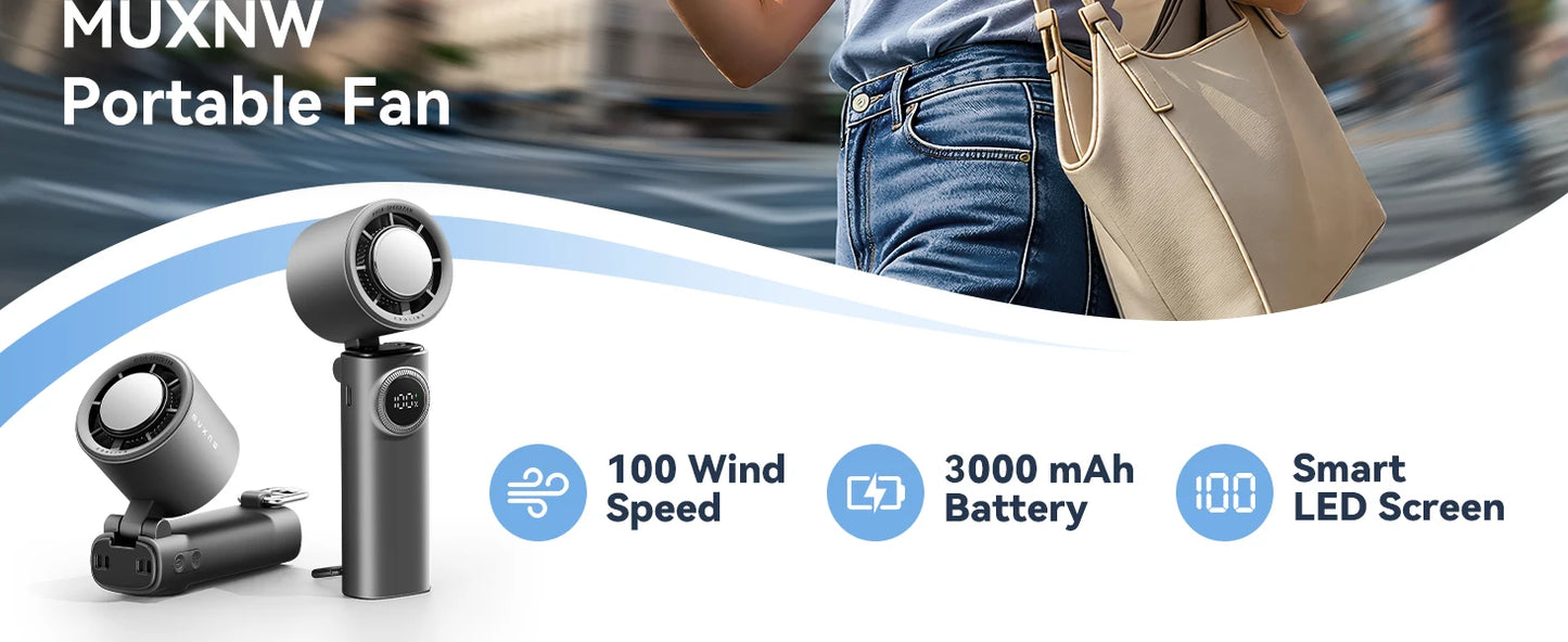 MUXNW 3-in-1 Foldable Handheld Fan 11000RPM 3000mAh 100-Speed USB-C Digital Display for Travel Office