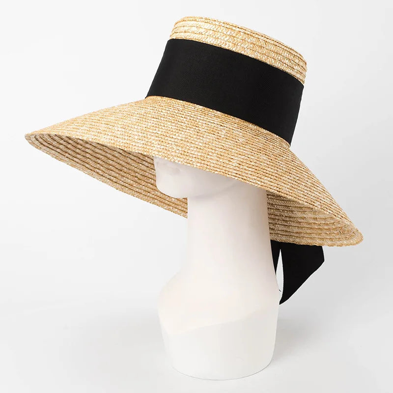 Hepburn style summer straw hat French elegant ladies seaside travel sun hat bow ribbon flat top wide brim straw hat  여름모자