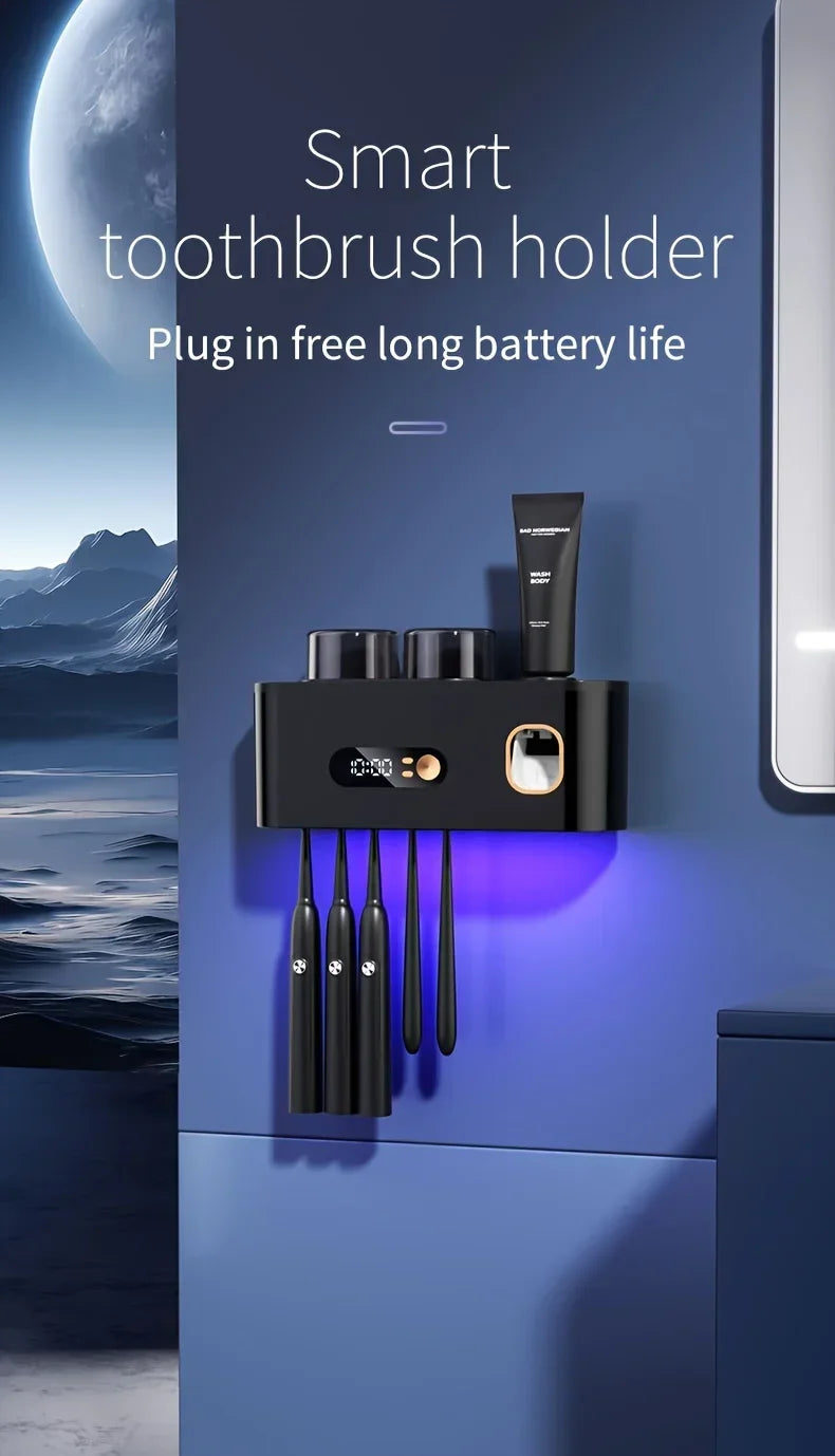 1 smart toothbrush with 2 cups, automatic toothpaste dispenser, 5-slot storage brush holder, USB lithium battery clock display