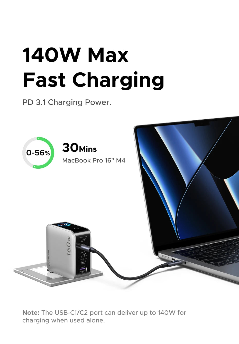 UGREEN 160W GaN Charger With Smart Display AVS PD 3.1 140W QC4.0 For MacbookPro Laptop iPhone 17 16 iPad Tablet SamsungS25 Ultra