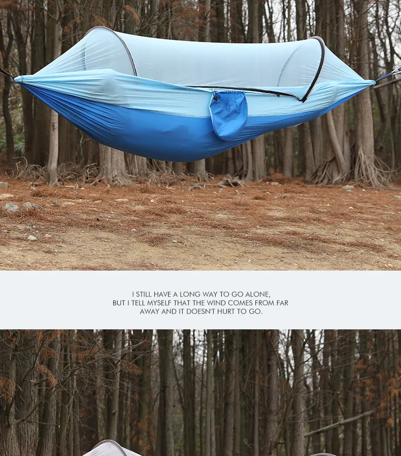 Outdoor hammock with quick‑installation, automatic‑deployment, and mosquito‑proof support poles; portable, durable camping and c