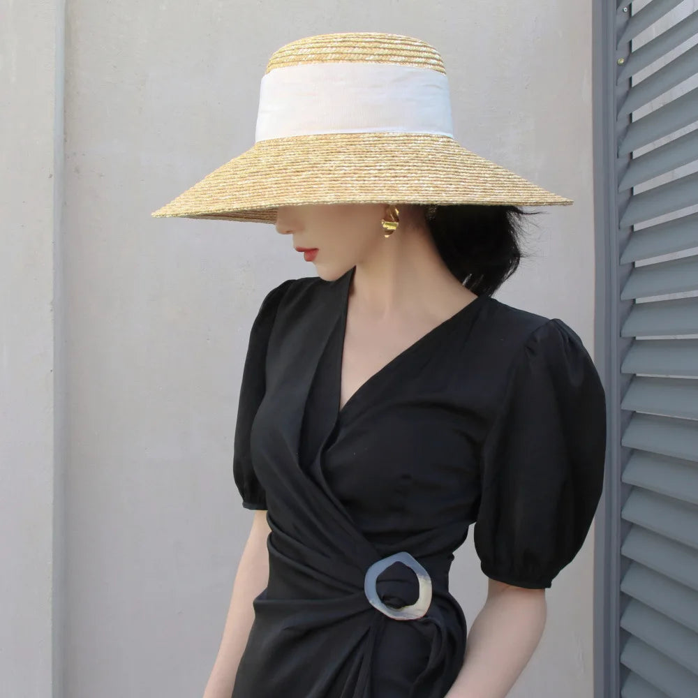 Hepburn style summer straw hat French elegant ladies seaside travel sun hat bow ribbon flat top wide brim straw hat  여름모자
