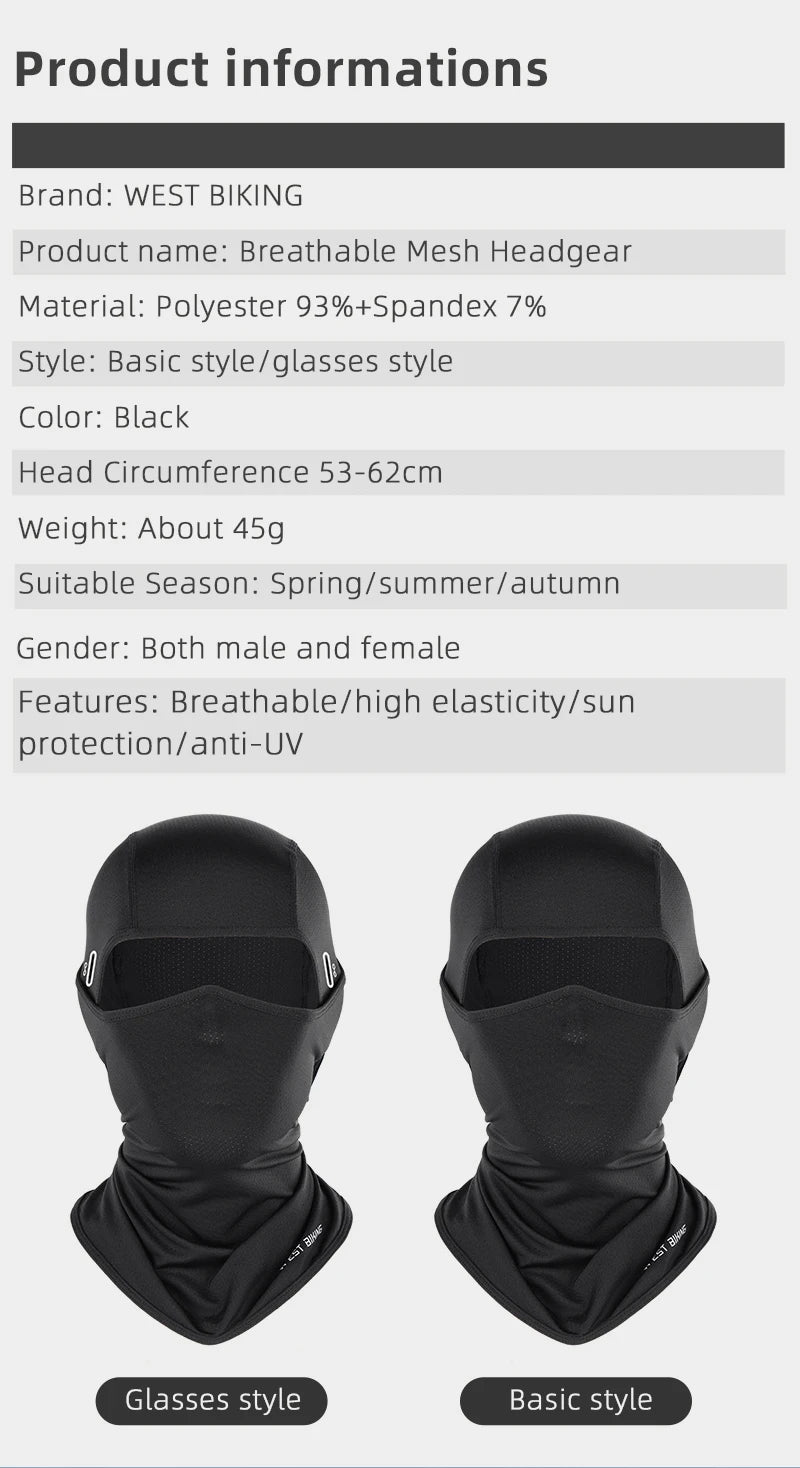 WEST BIKING Summer Breathable Cycling Cap Anti-UV Balaclava Men Full Face Mask Bicycle Motorcycle Running Cooling Sport Gear