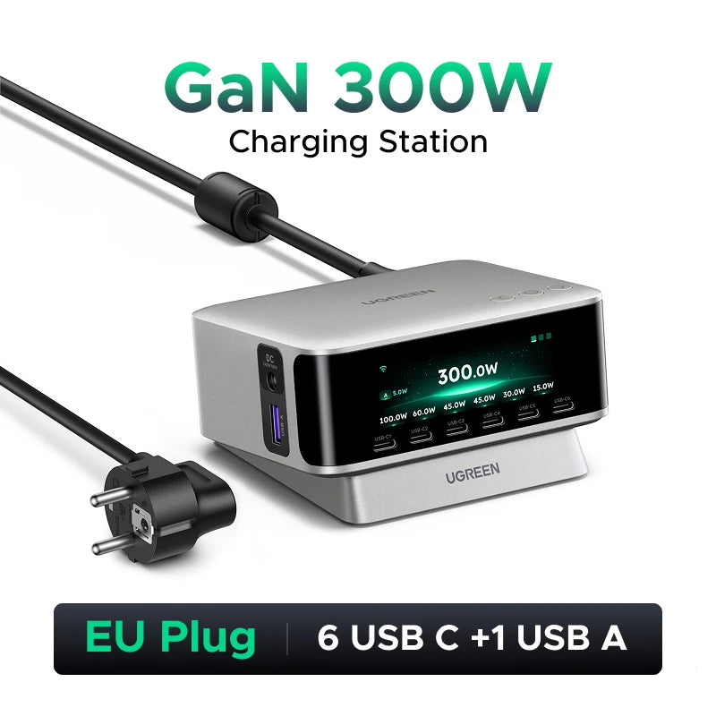 UGREEN 300W GaN Charger With Smart Display AVS PD 3.1 7 IN 1 Desktop Charging Station For MacBook Pro Laptop iPhone Samsung iPad
