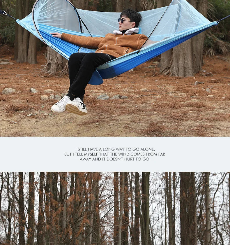 Outdoor hammock with quick‑installation, automatic‑deployment, and mosquito‑proof support poles; portable, durable camping and c