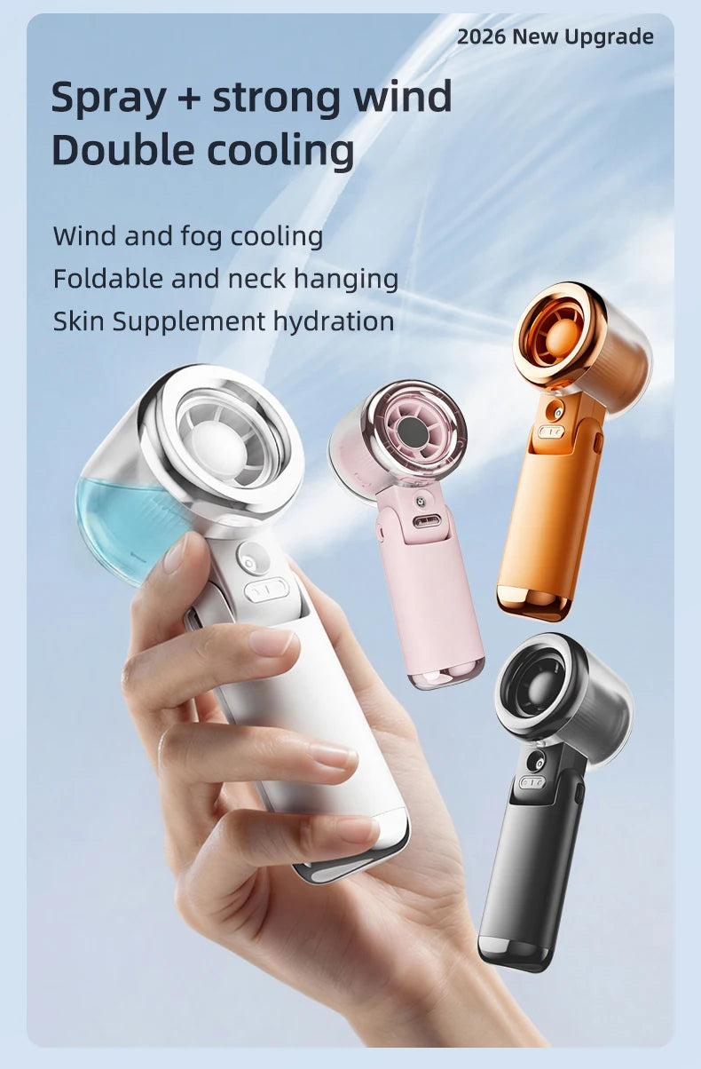 Mini Fan Portable Water Mist Fan 3600mAh 5 Speeds Handheld Foldable Neck Hanging Humidifier Small Spray Fans Type-C Rechargeable Vibely Store