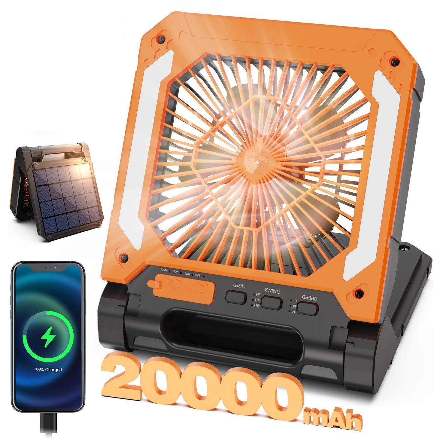 Portable Solar Camping Fan with Light,3Speeds Rechargeable 10000mAh Battery Powered&Timer&Hook&PowerBank for Hiking Picnic RV