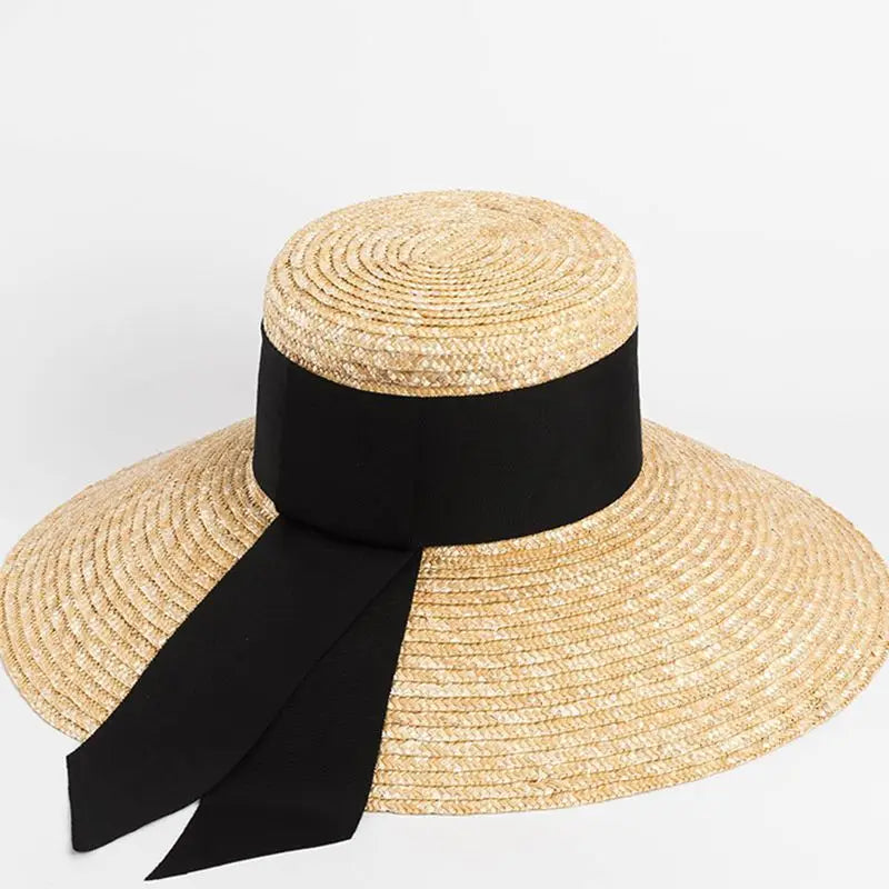 Hepburn style summer straw hat French elegant ladies seaside travel sun hat bow ribbon flat top wide brim straw hat  여름모자