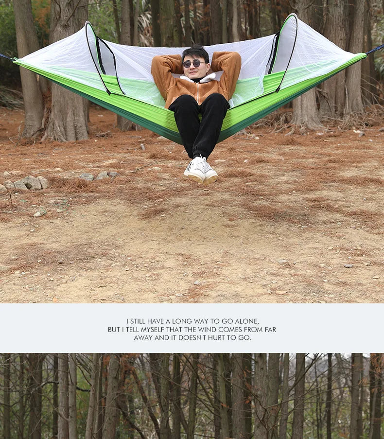 Outdoor hammock with quick‑installation, automatic‑deployment, and mosquito‑proof support poles; portable, durable camping and c