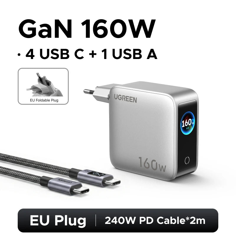 UGREEN 160W GaN Charger With Smart Display AVS PD 3.1 140W QC4.0 For MacbookPro Laptop iPhone 17 16 iPad Tablet SamsungS25 Ultra
