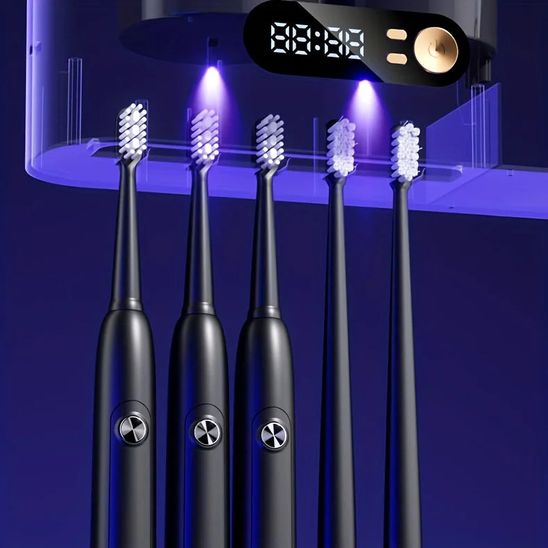 1 smart toothbrush with 2 cups, automatic toothpaste dispenser, 5-slot storage brush holder, USB lithium battery clock display