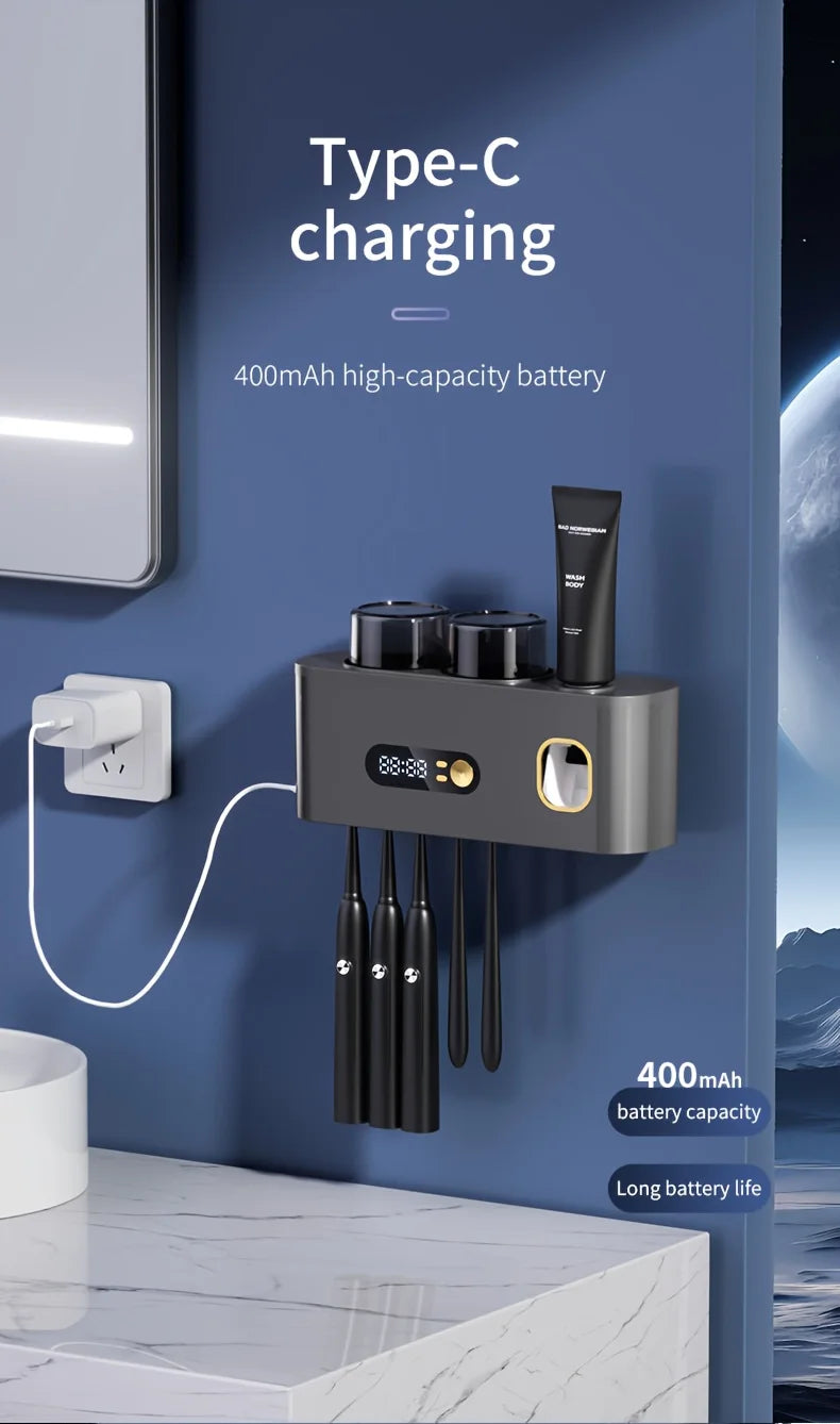 1 smart toothbrush with 2 cups, automatic toothpaste dispenser, 5-slot storage brush holder, USB lithium battery clock display