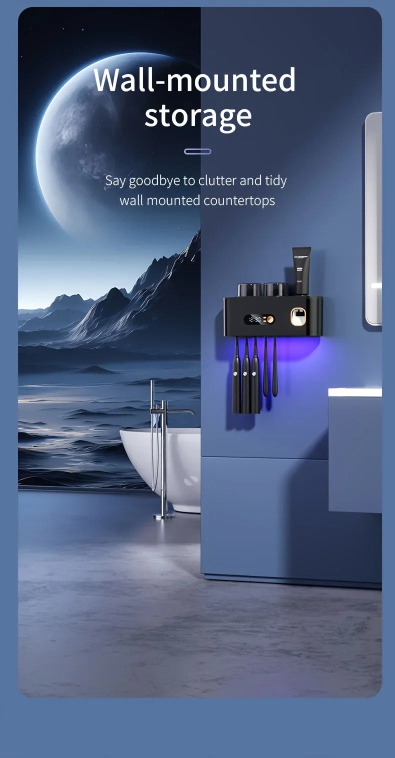 1 smart toothbrush with 2 cups, automatic toothpaste dispenser, 5-slot storage brush holder, USB lithium battery clock display