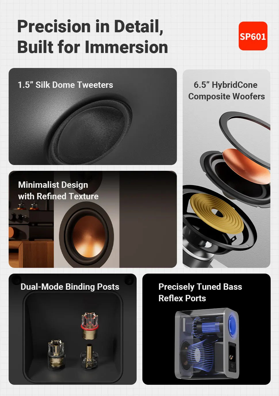Fosi Audio SP601 6Ω 160W Bookshelf Speaker Hi-Fi Audio for Home Theater ，Desktop Computer