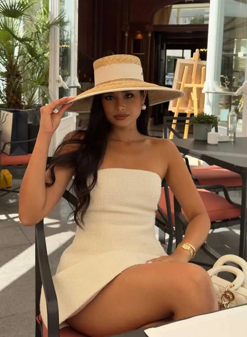 Hepburn style summer straw hat French elegant ladies seaside travel sun hat bow ribbon flat top wide brim straw hat  여름모자