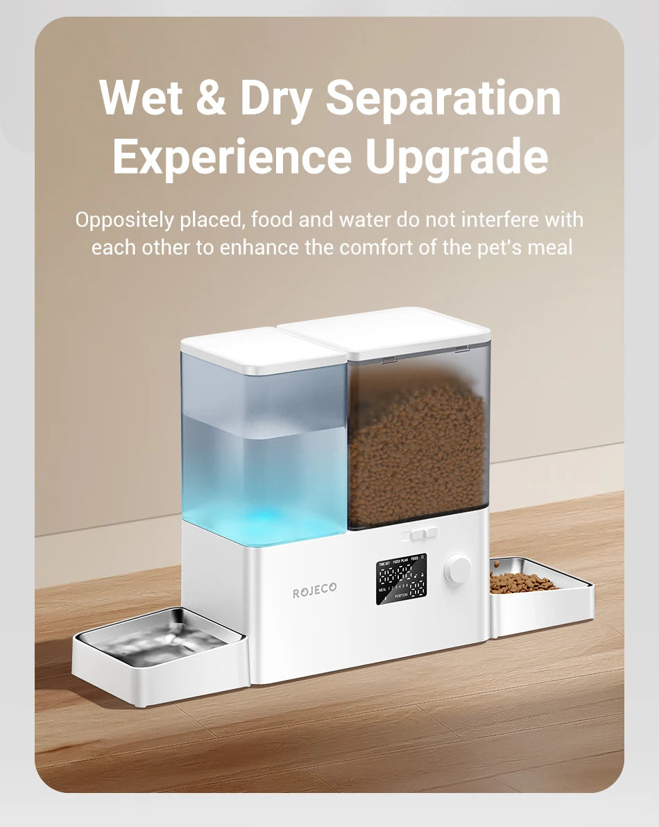 ROJECO 8.5L 2In1 Automatic Pet Feeder Gravity Water Fountain Button Version Auto 5L Cat Kibble Dispenser with 3.5L Water Refill