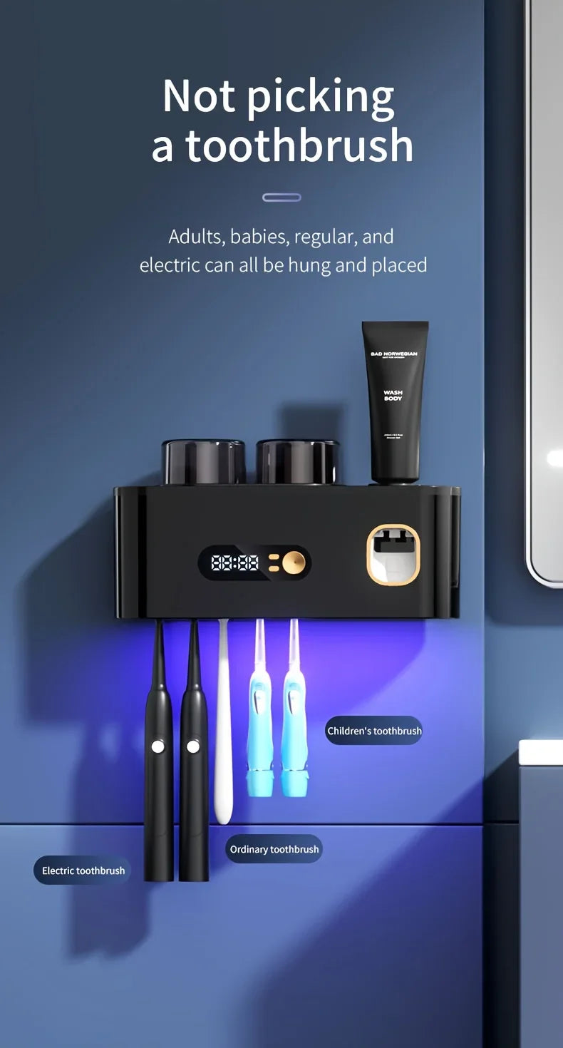 1 smart toothbrush with 2 cups, automatic toothpaste dispenser, 5-slot storage brush holder, USB lithium battery clock display