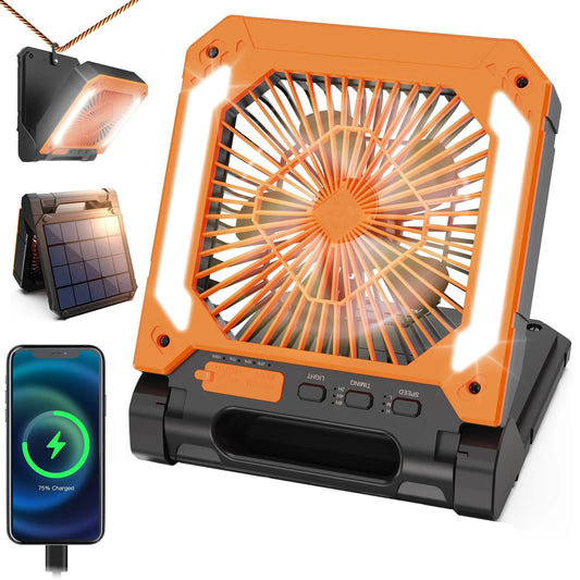 Portable Solar Camping Fan with Light,3Speeds Rechargeable 10000mAh Battery Powered&Timer&Hook&PowerBank for Hiking Picnic RV