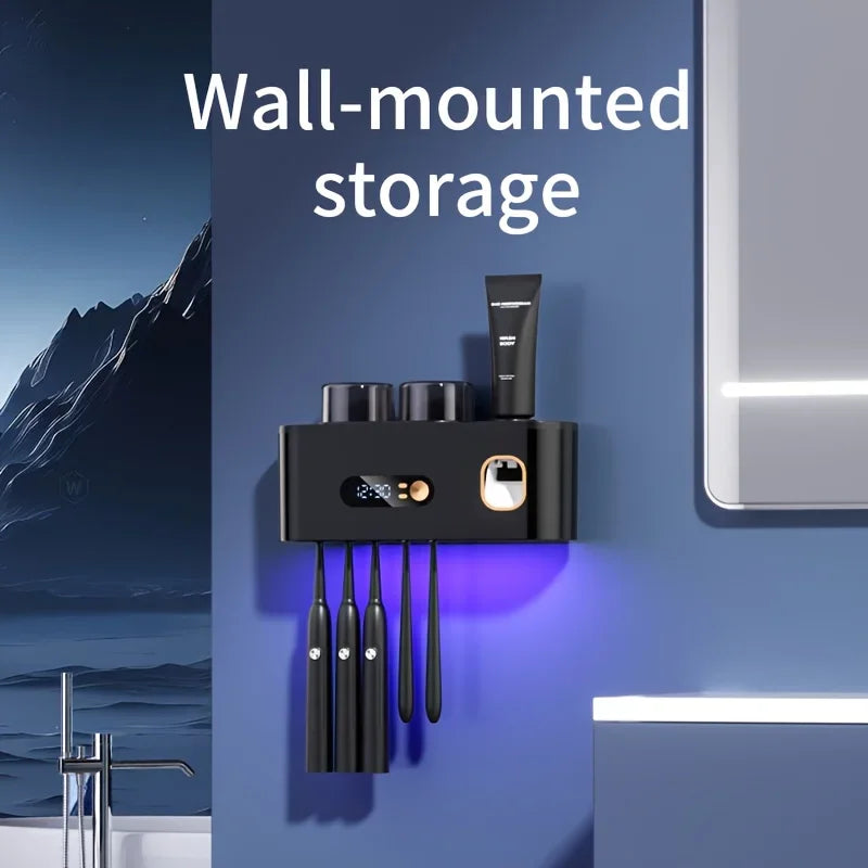 1 smart toothbrush with 2 cups, automatic toothpaste dispenser, 5-slot storage brush holder, USB lithium battery clock display