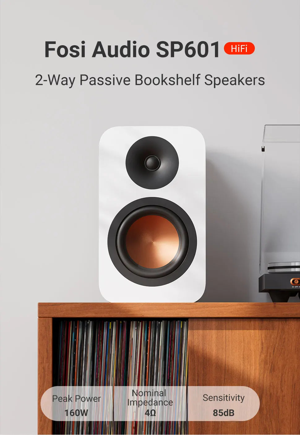 Fosi Audio SP601 6Ω 160W Bookshelf Speaker Hi-Fi Audio for Home Theater ，Desktop Computer