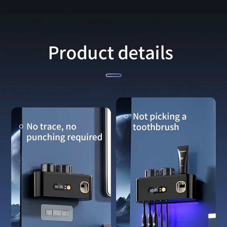1 smart toothbrush with 2 cups, automatic toothpaste dispenser, 5-slot storage brush holder, USB lithium battery clock display