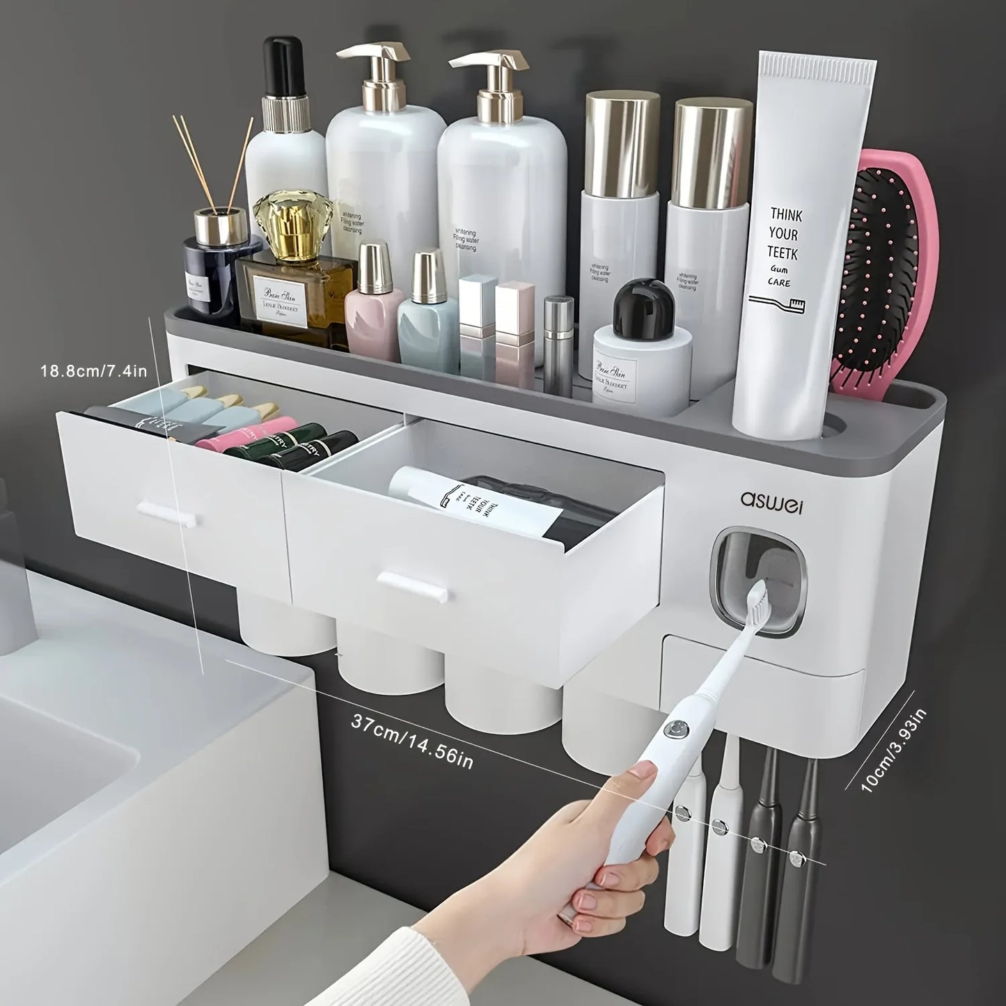 Toothbrush Holder Wall Mounted No-Drill – 2-in-1 Bathroom Organizer with Toothpaste Squeezer & Storage Rack