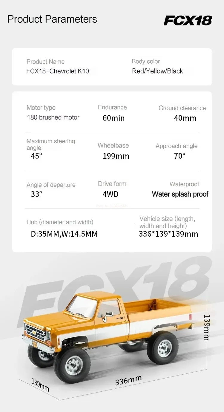 FMS FCX18 1:18 Chevrolet K10 Pickup Truck Officially Authorized Classic Retro Off-road Climbing RC Car Model RTR Vibely Store