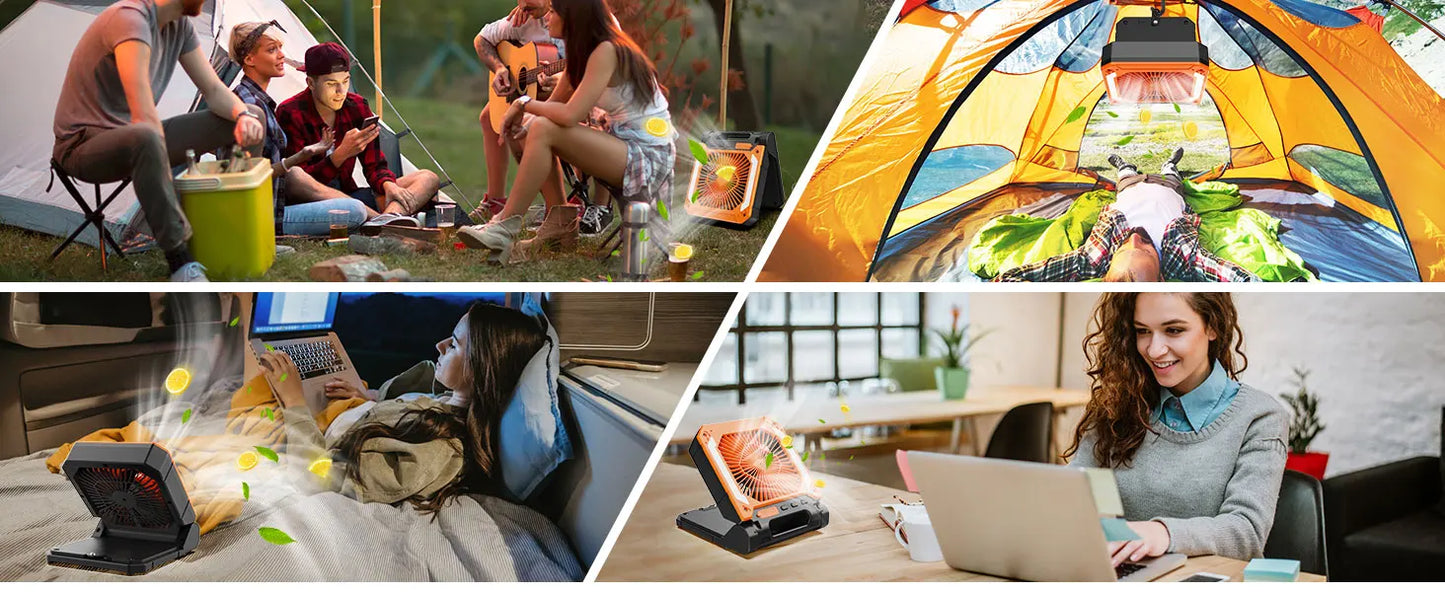 Portable Solar Camping Fan with Light,3Speeds Rechargeable 10000mAh Battery Powered&Timer&Hook&PowerBank for Hiking Picnic RV