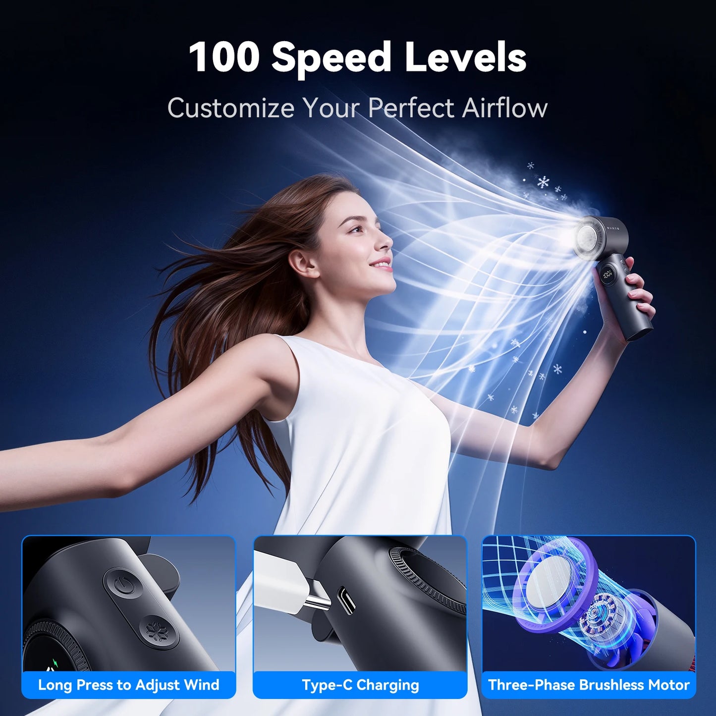 MUXNW 3-in-1 Foldable Handheld Fan 11000RPM 3000mAh 100-Speed USB-C Digital Display for Travel Office