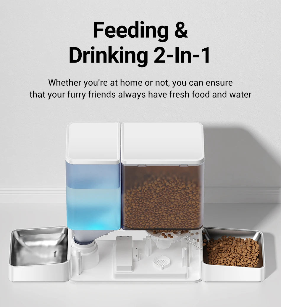 ROJECO 8.5L 2In1 Automatic Pet Feeder Gravity Water Fountain Button Version Auto 5L Cat Kibble Dispenser with 3.5L Water Refill