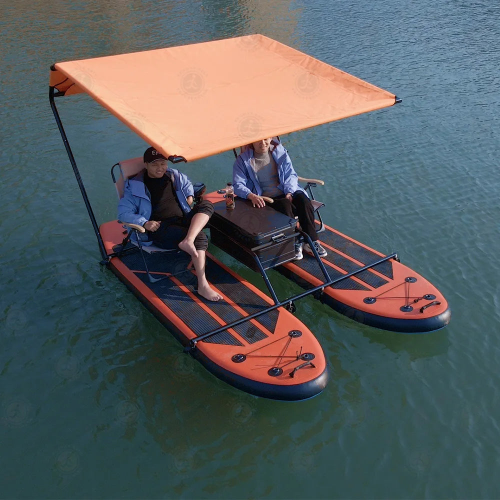 Inflatable Catamaran Boat with Dual Paddleboards and Outboard Motor for Water Adventure