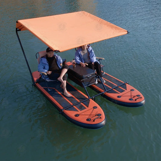 Inflatable Catamaran Boat with Dual Paddleboards and Outboard Motor for Water Adventure