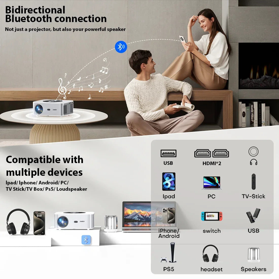 XIWBSY 1000Ansi AutoFocus Projector Bluetooth5.2 Android Projector 4K 8K Decode Video Audio Home Theater Portable Proyector