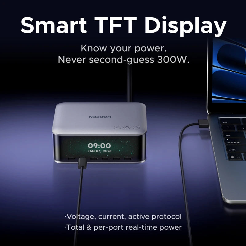 UGREEN 300W GaN Charger With Smart Display AVS PD 3.1 7 IN 1 Desktop Charging Station For MacBook Pro Laptop iPhone Samsung iPad