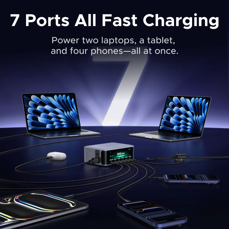 UGREEN 300W GaN Charger With Smart Display AVS PD 3.1 7 IN 1 Desktop Charging Station For MacBook Pro Laptop iPhone Samsung iPad