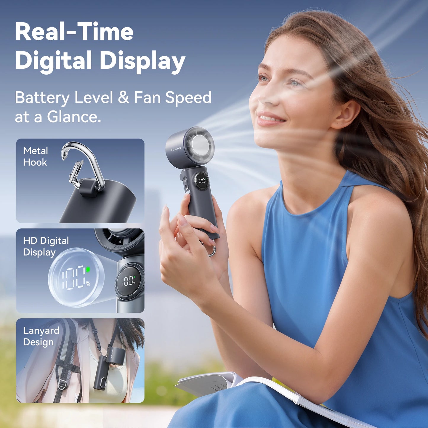 MUXNW 3-in-1 Foldable Handheld Fan 11000RPM 3000mAh 100-Speed USB-C Digital Display for Travel Office