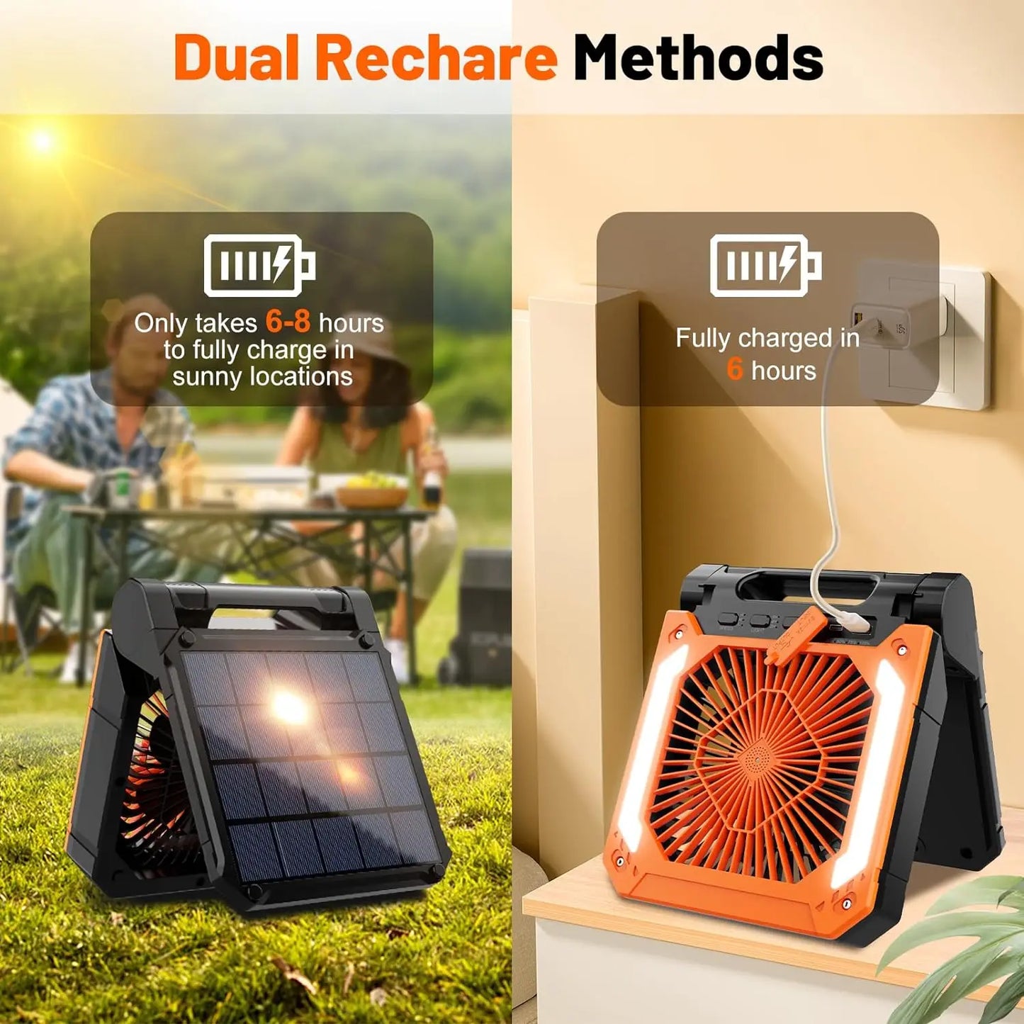 Portable Solar Camping Fan with Light,3Speeds Rechargeable 10000mAh Battery Powered&Timer&Hook&PowerBank for Hiking Picnic RV