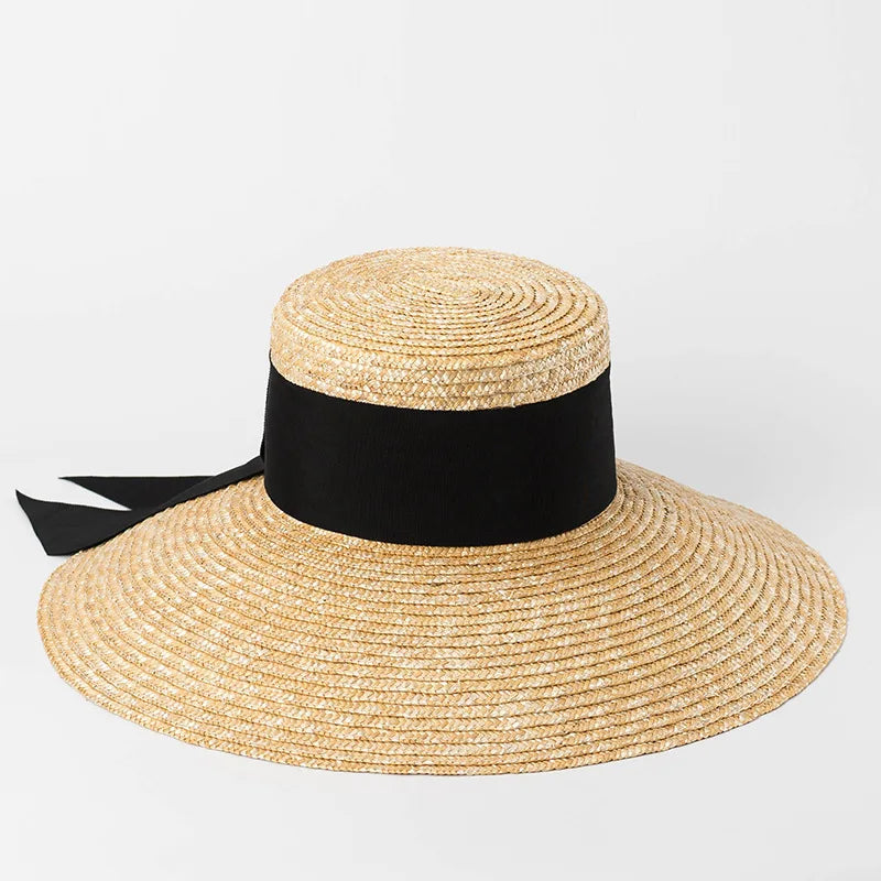 Hepburn style summer straw hat French elegant ladies seaside travel sun hat bow ribbon flat top wide brim straw hat  여름모자
