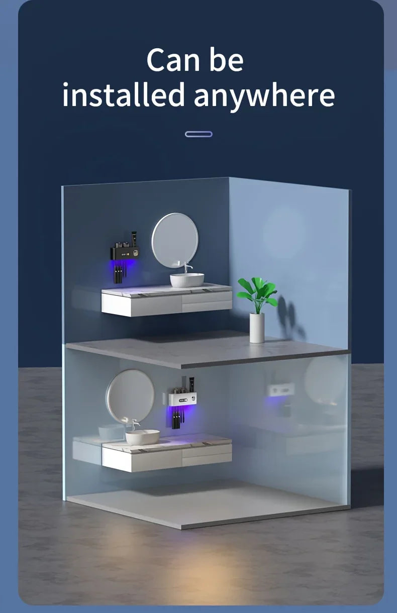 1 smart toothbrush with 2 cups, automatic toothpaste dispenser, 5-slot storage brush holder, USB lithium battery clock display