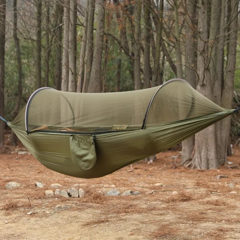 Outdoor hammock with quick‑installation, automatic‑deployment, and mosquito‑proof support poles; portable, durable camping and c