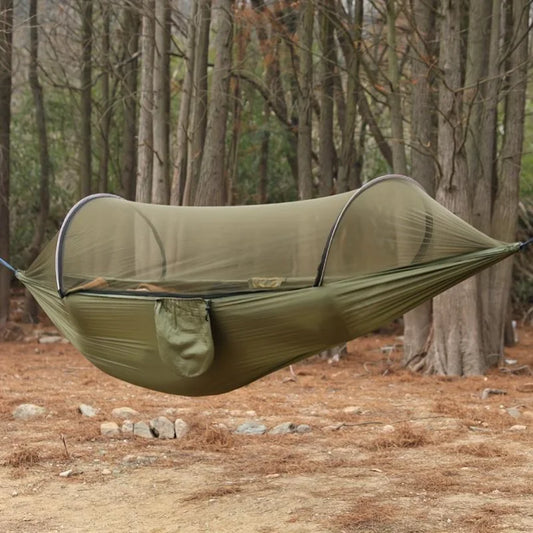 Outdoor hammock with quick‑installation, automatic‑deployment, and mosquito‑proof support poles; portable, durable camping and c