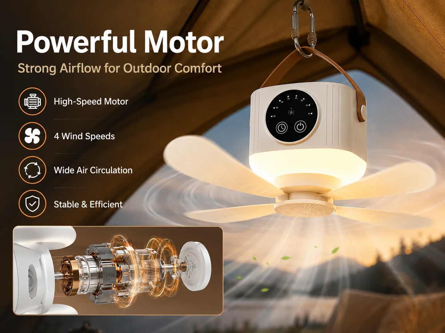 2026 New Portable Rechargeable Ceiling Fan Wireless USB Hanging Fan for Student Dorm Bed Outdoor Camping