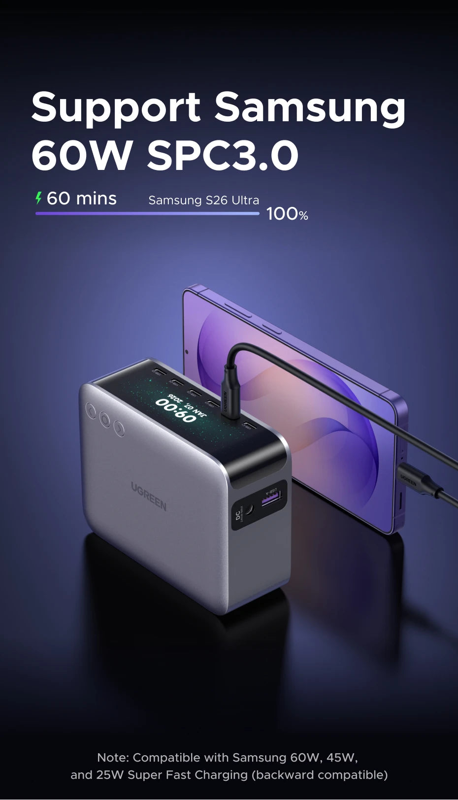UGREEN 300W GaN Charger With Smart Display AVS PD 3.1 7 IN 1 Desktop Charging Station For MacBook Pro Laptop iPhone Samsung iPad